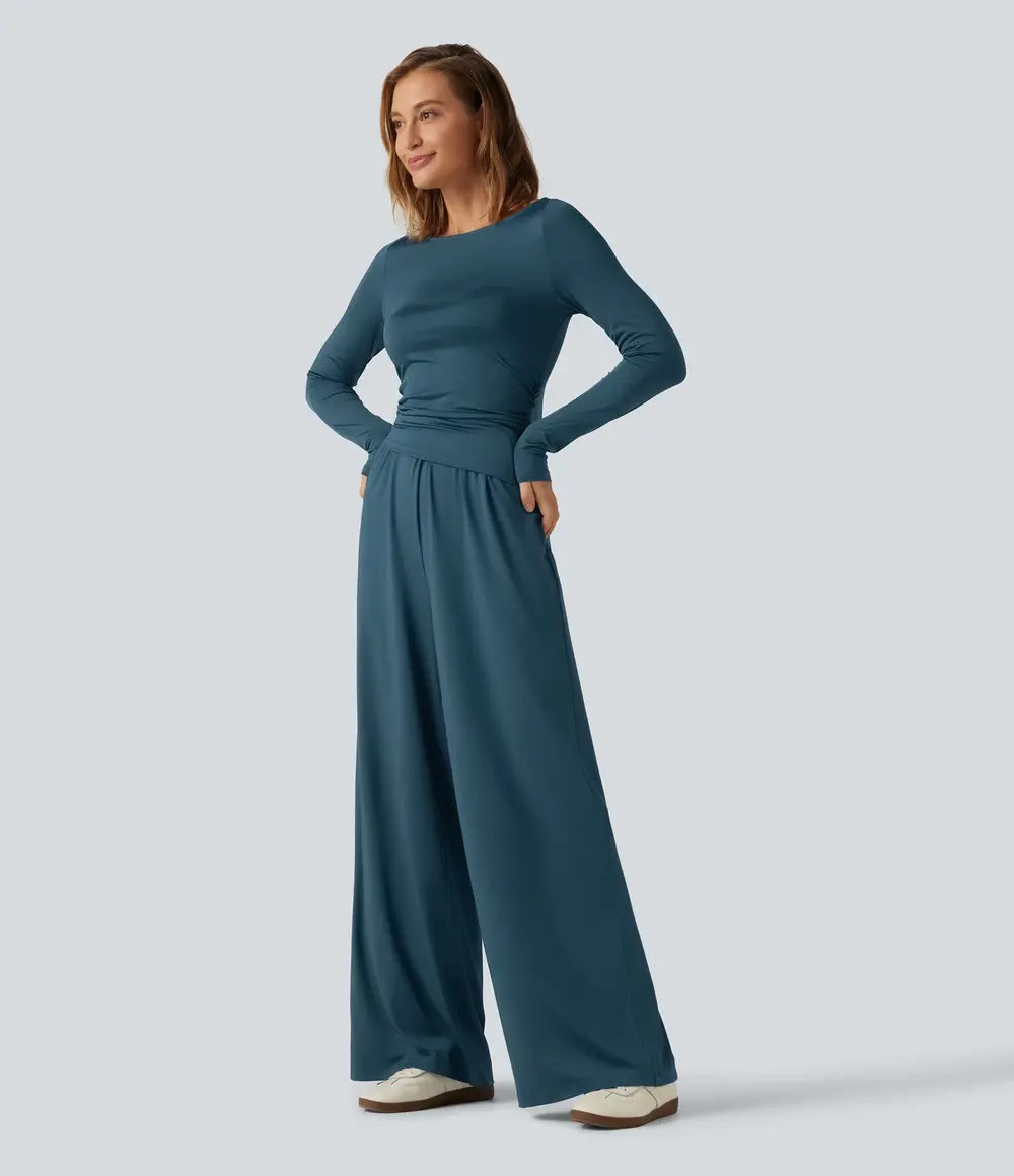 Boat Neck Ruched Jumpsuit in Balsam