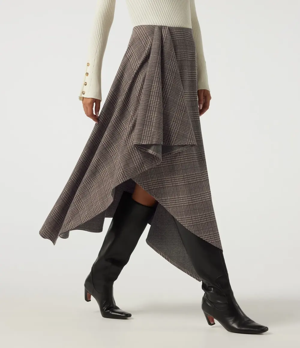 Asymmetric Check Midi Skirt in Brown Houndstooth Plaid