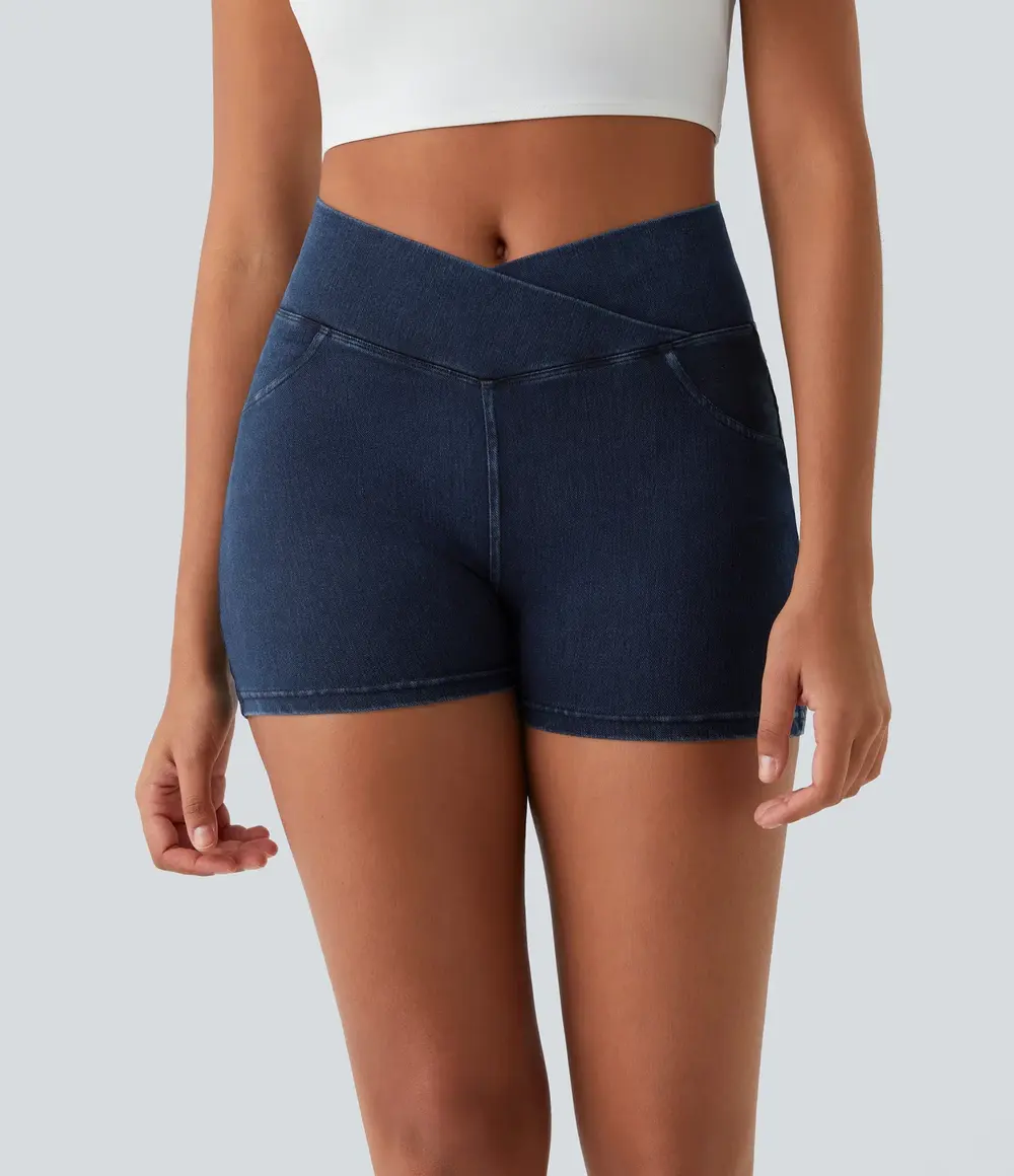 Crossover Denim Shorts in Washed Denim Navy Blue