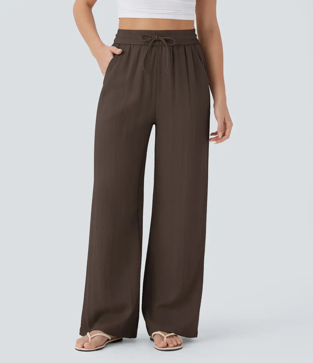 Linen-Feel Wide-Leg Trousers in Chocolate Martini