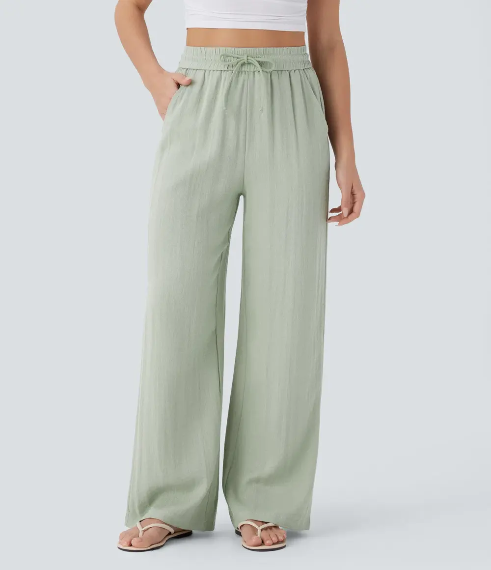 Linen-Feel Wide-Leg Trousers in Pale Aqua