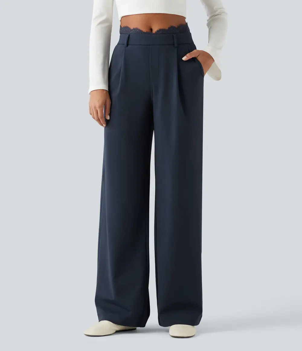 Lace-Trim Work Trousers in Midnight Blue