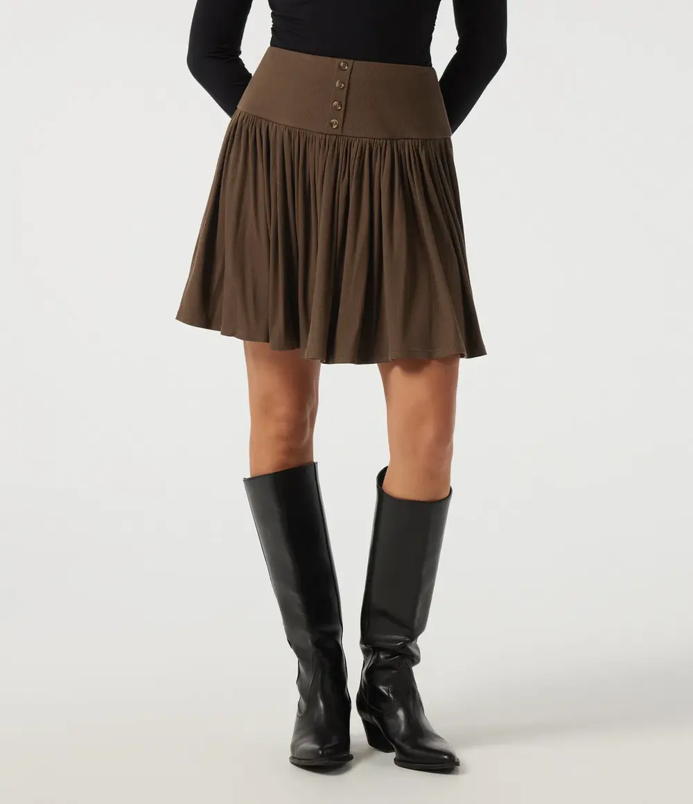 Ribbed A-Line Mini Skirt in Brown