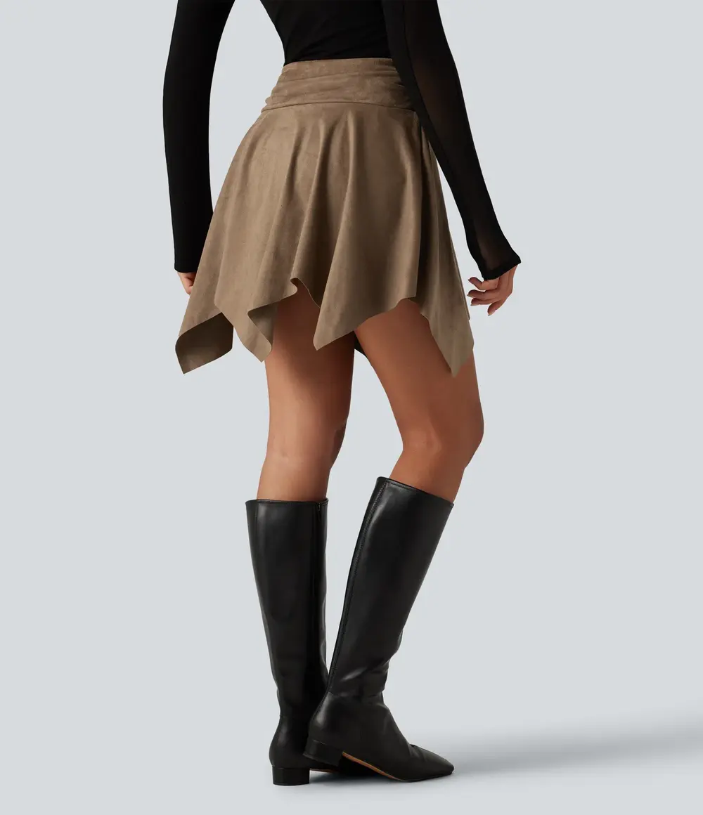 Asymmetric Faux Suede Mini Skirt in Coca Mocha