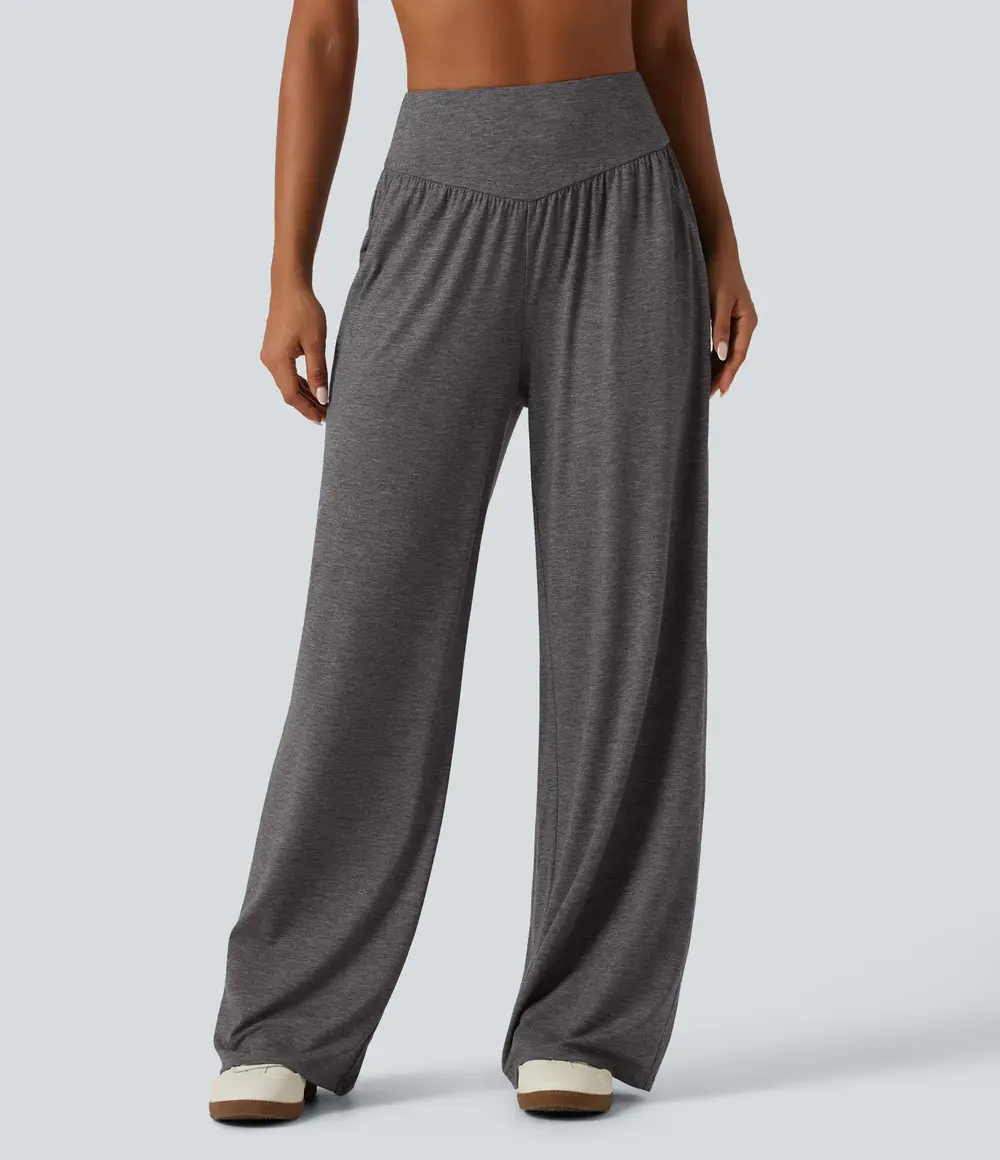 Ruched Baggy Yoga Trousers in Darl Grey Floral Yarn