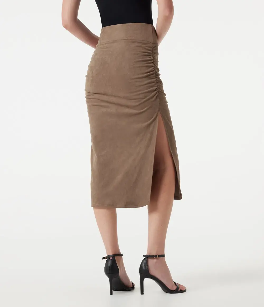 Ruched Faux Suede Midi Skirt in Coca Mocha