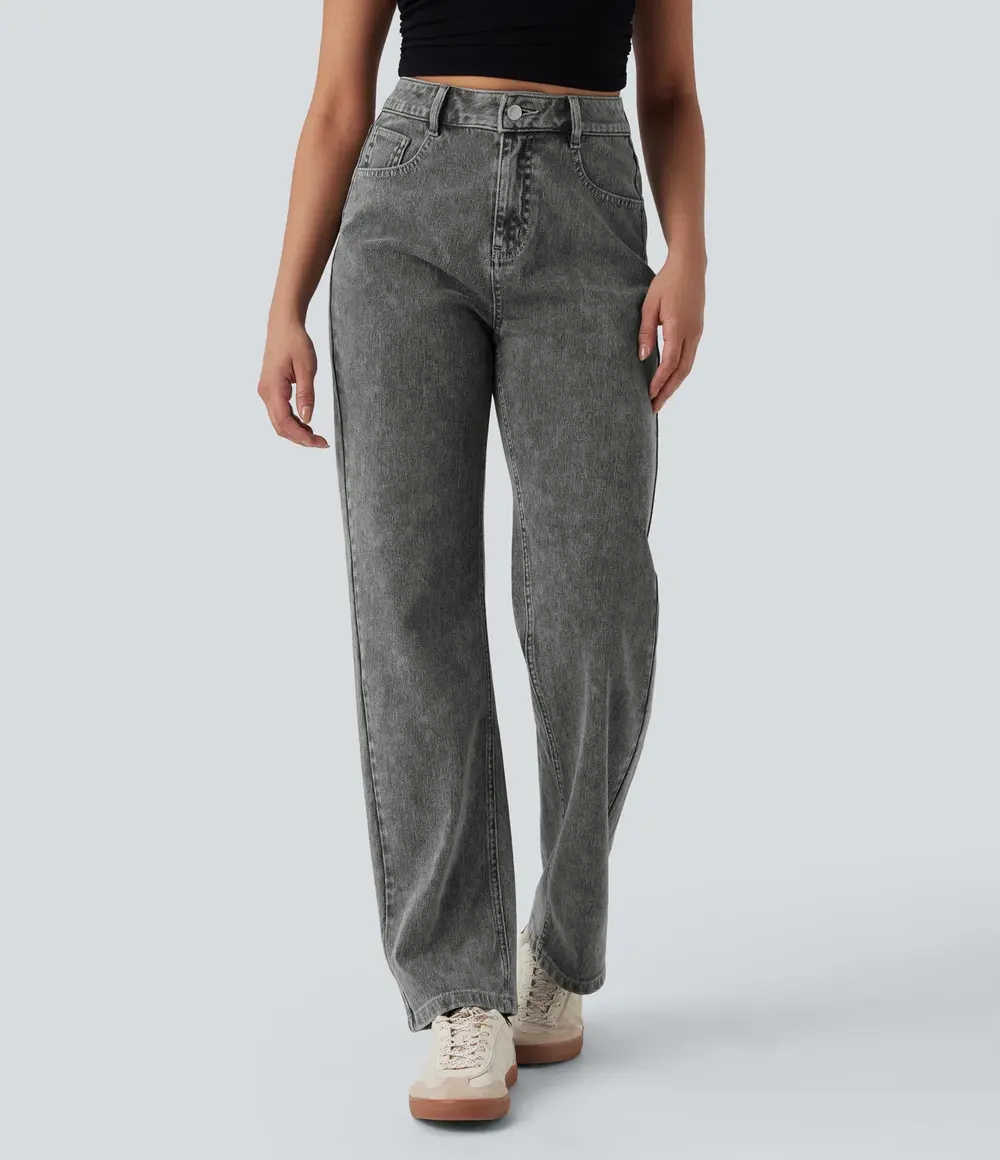Zip-Pocket Straight Jeans in Cool Grey Denim