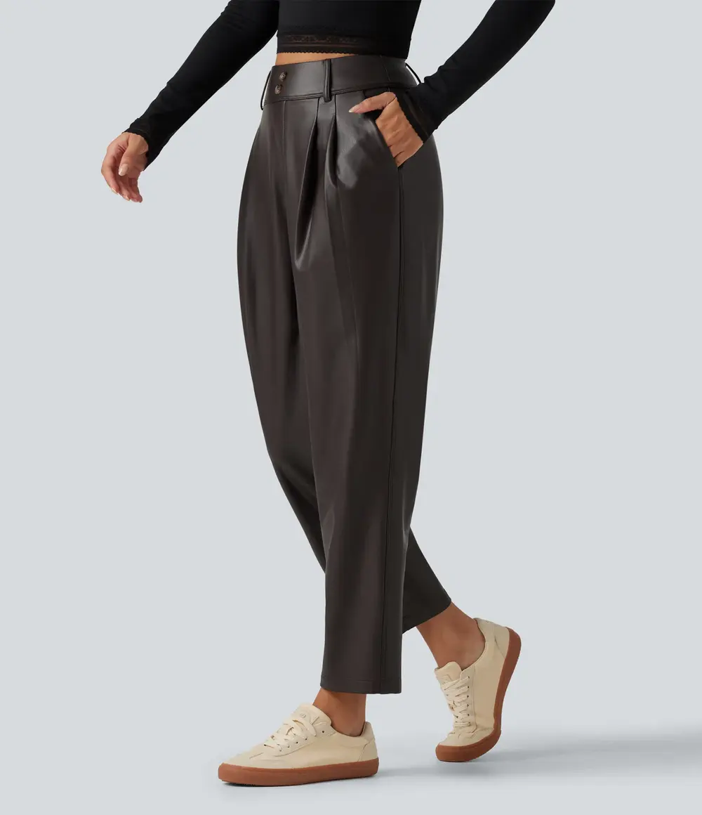 Tapered Faux Leather Trousers in Hot Fudge