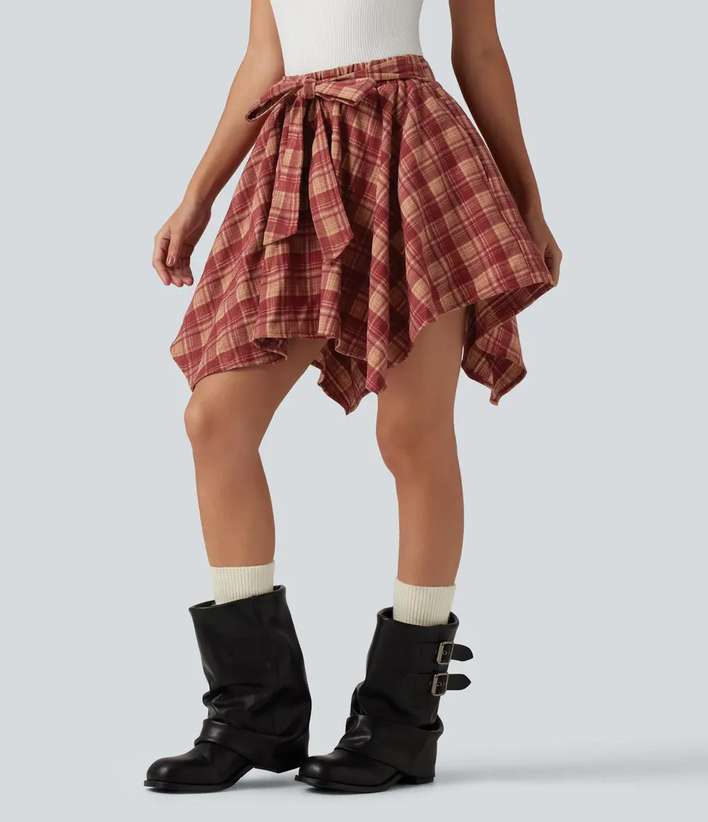 Tie-Front Check Mini Skirt in Sunset Plaid