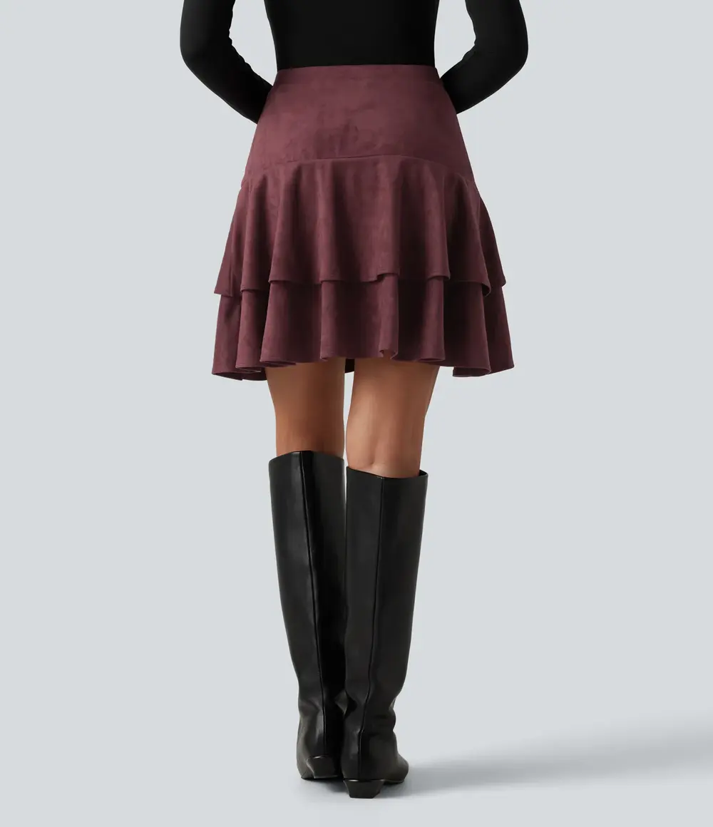 Tiered Faux Suede Mini Skirt in Chocolate Truffle