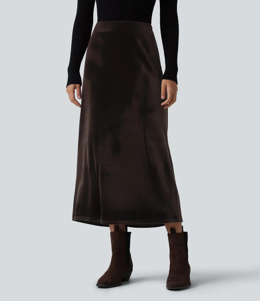 Velvet Midi Skirt in Charcoal Brown