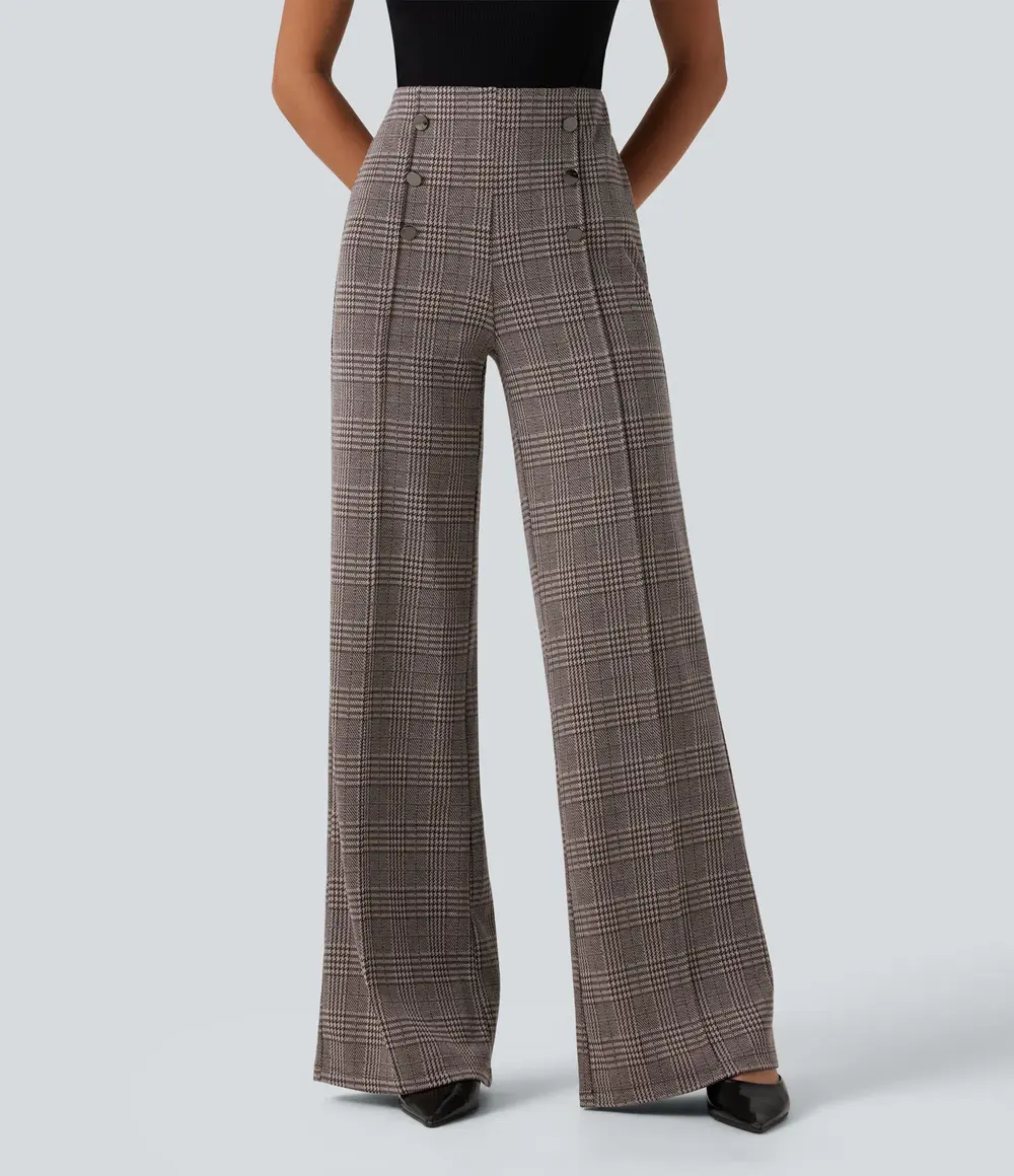 Wide-Leg Check Trousers in Brown Houndstooth Plaid