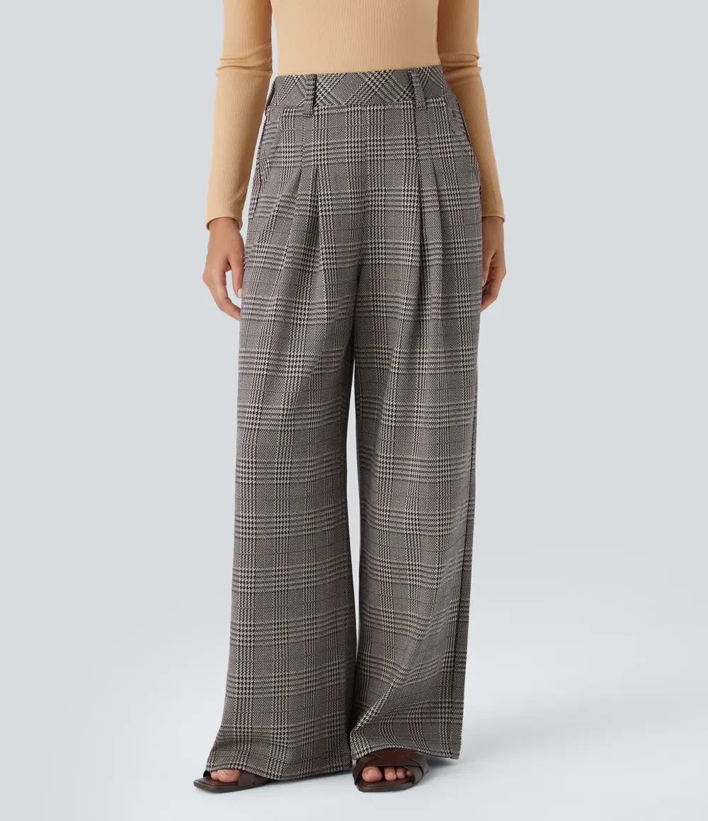 Houndstooth Wide-Leg Trousers in Brown Houndstooth Plaid