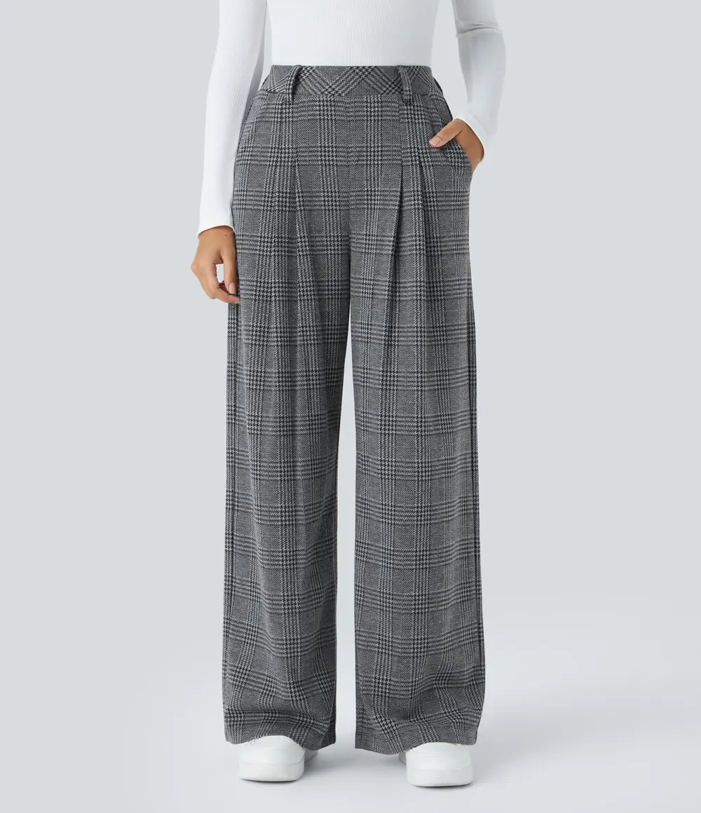 Houndstooth Wide-Leg Trousers in Dark Grey Plaid