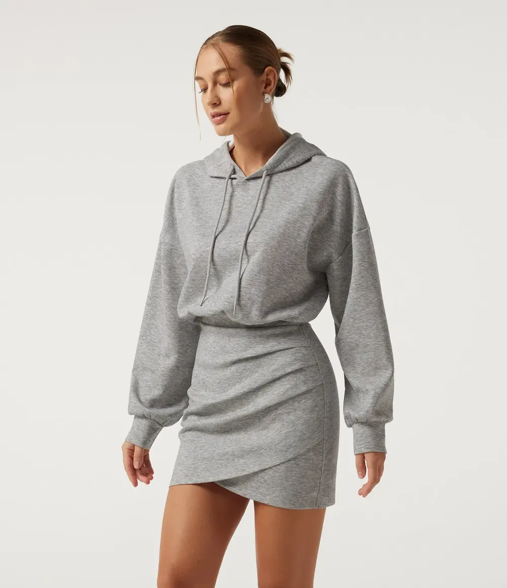 Hooded Ruched Mini Dress in Fog Grey