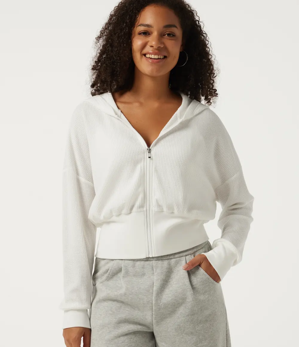 Waffle Zip Hoodie in White