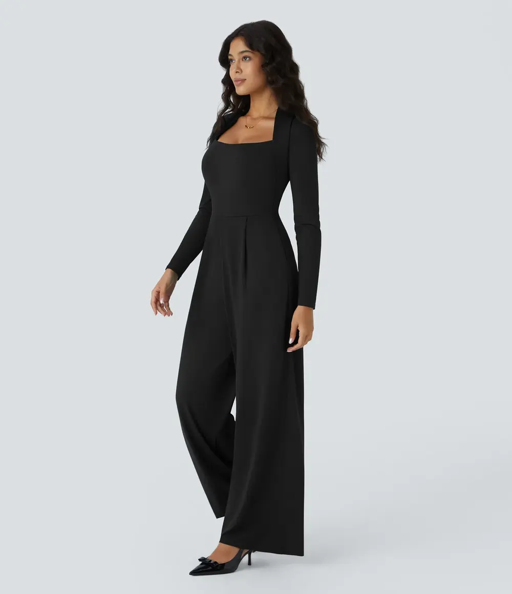 Long Sleeve Wide-Leg Jumpsuit in Black