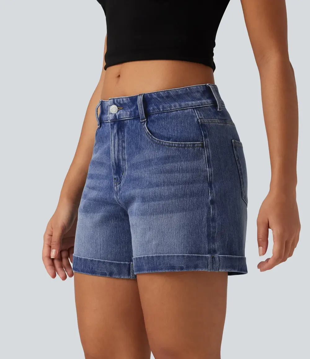 Rolled Hem Denim Shorts in Tide Blue Denim