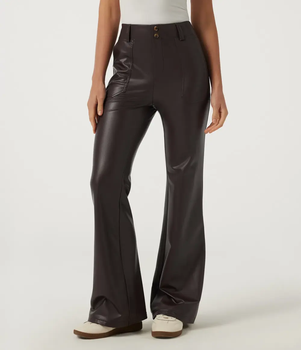 Flared Faux Leather Trousers in Hot Fudge