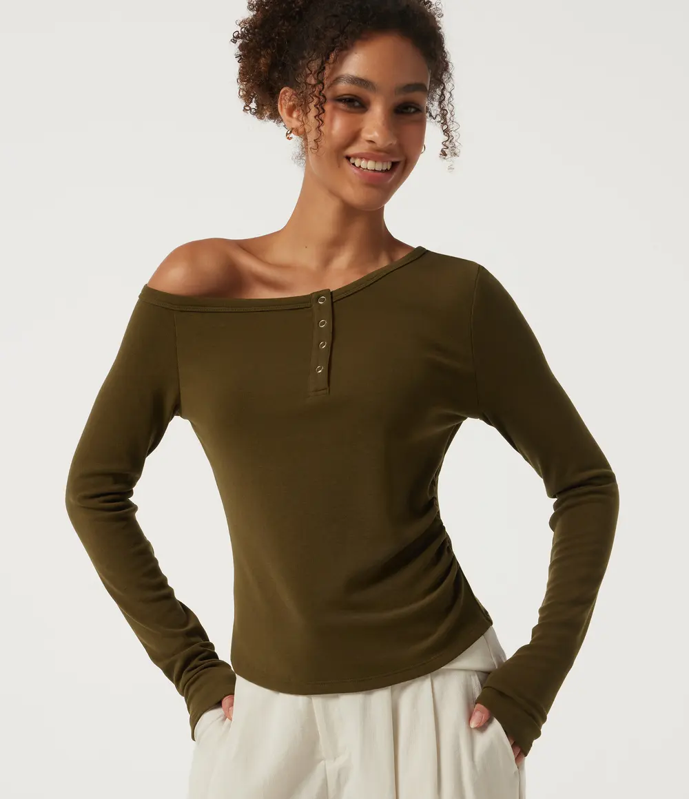 One Shoulder Ruched Top in Dark Earth