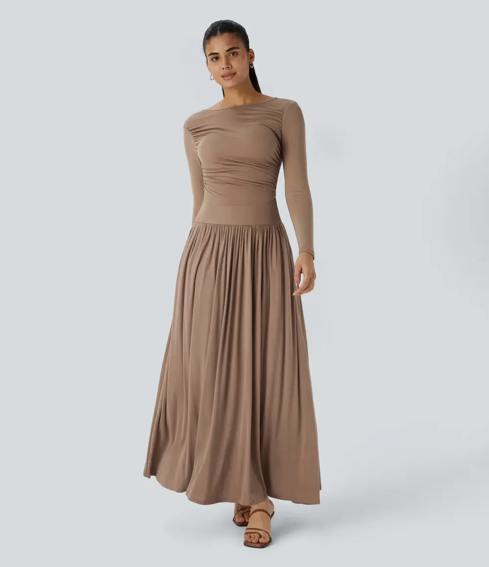Boat Neck Ruched Maxi Dress in Beaver Fur