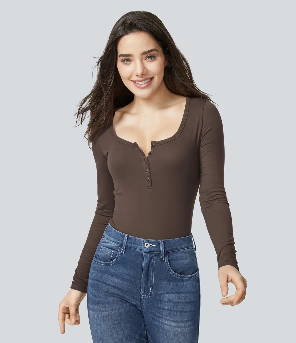Ribbed Henley Top in Chocolate Martini