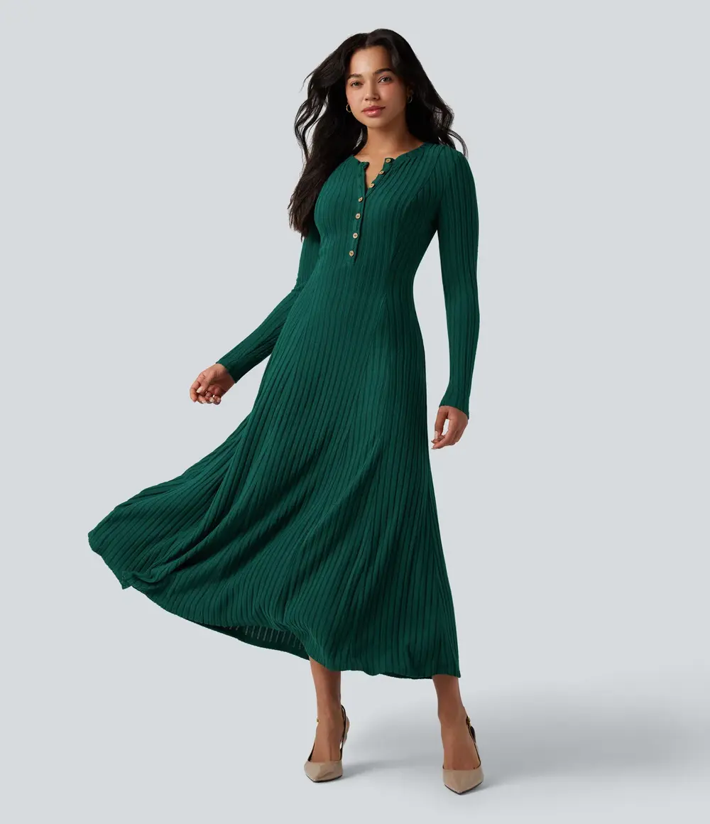 Ribbed Henley Maxi Dress in Mottled Greenlake