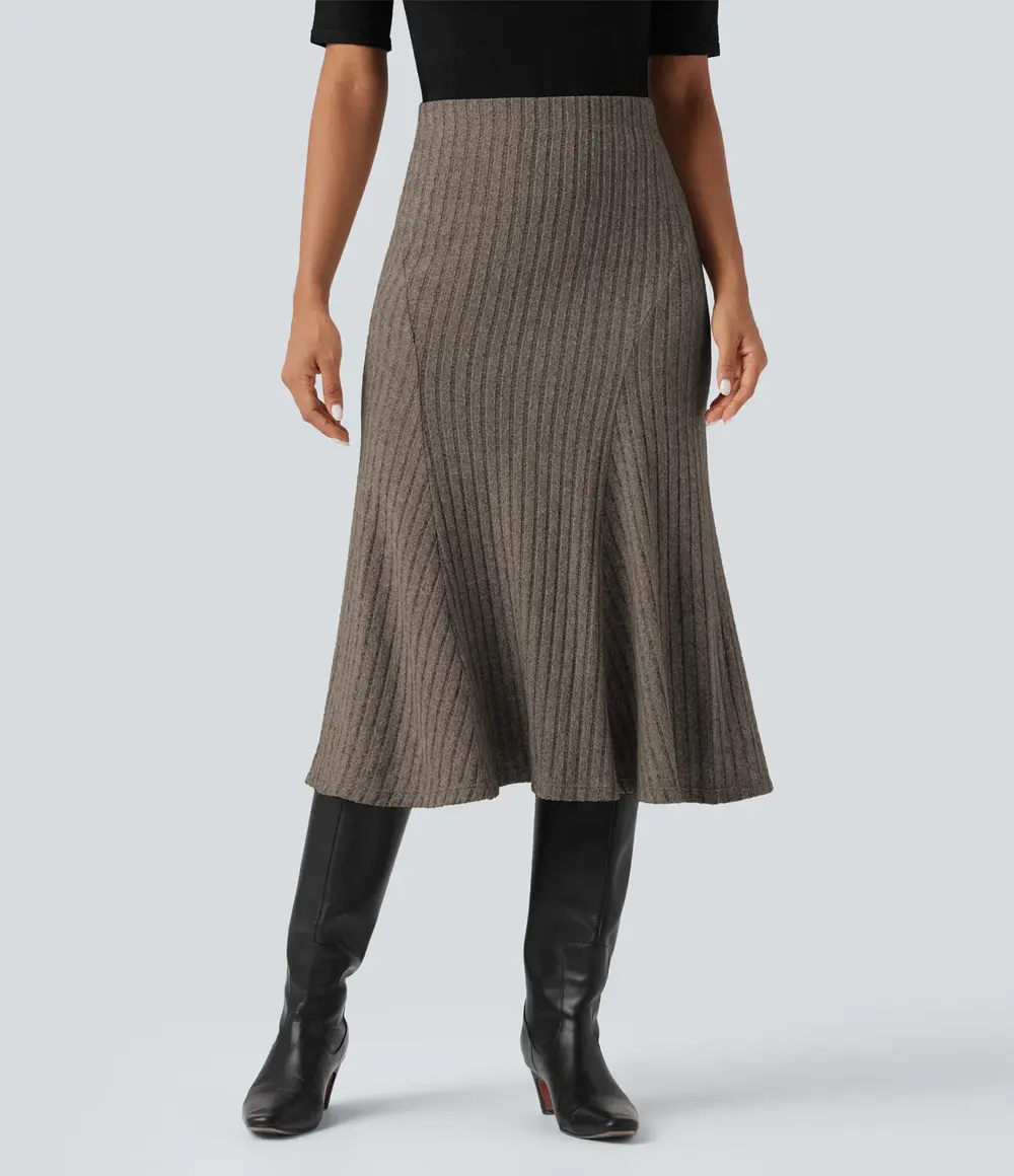 Ribbed A-Line Midi Skirt in Mottled Wood Brown