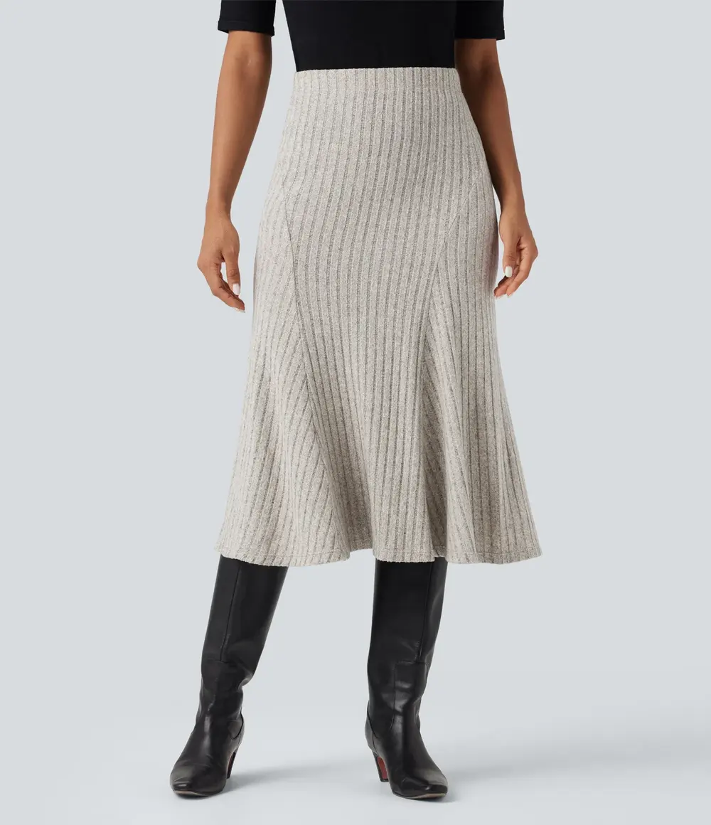 Ribbed A-Line Midi Skirt in Warm Grey Floral Velvet