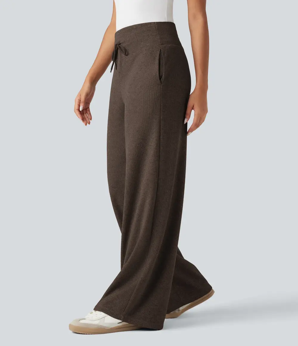 Ribbed Wide-Leg Trousers in Chestnut