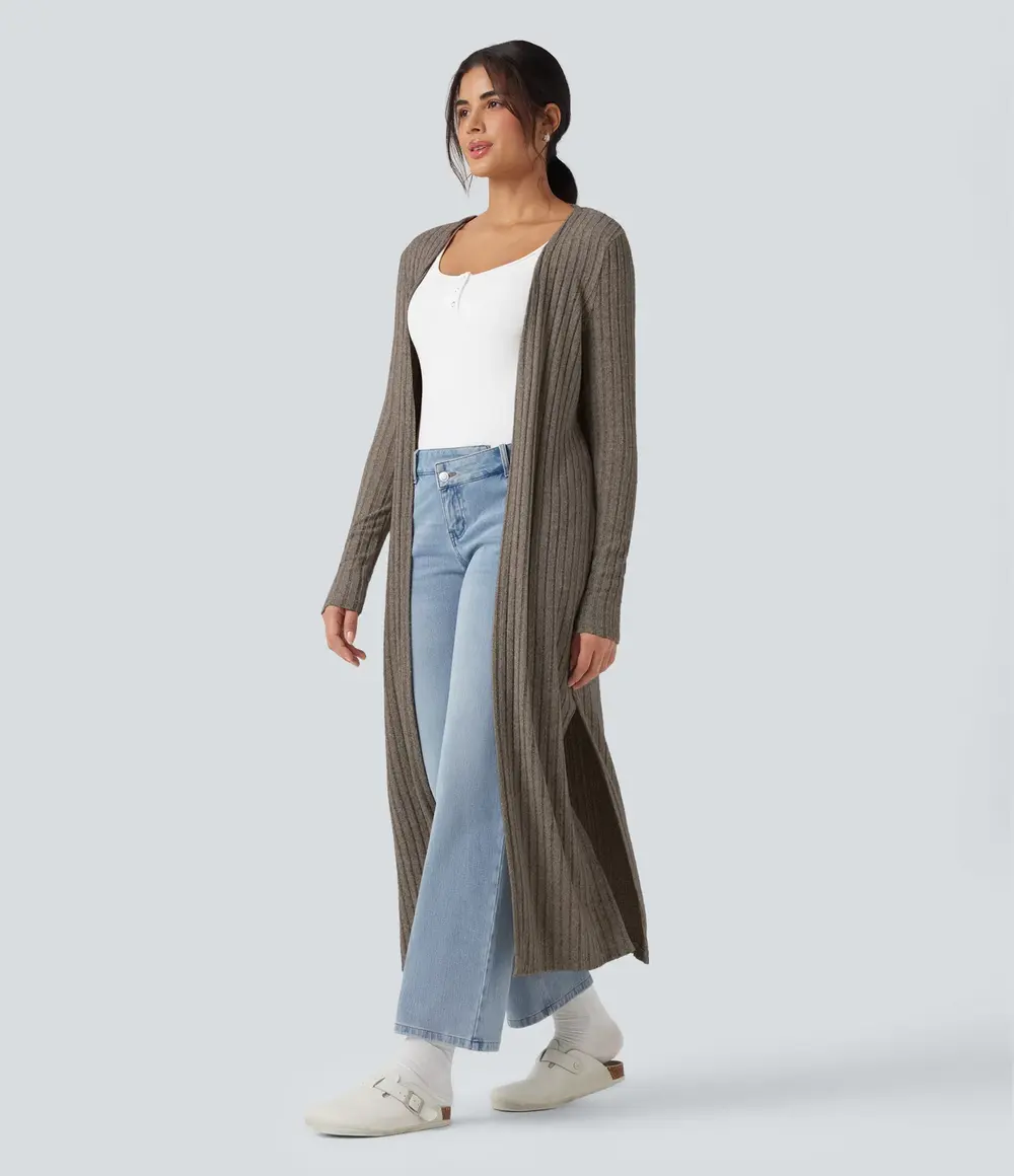Ribbed Longline Cardigan in Mottled Wood Brown