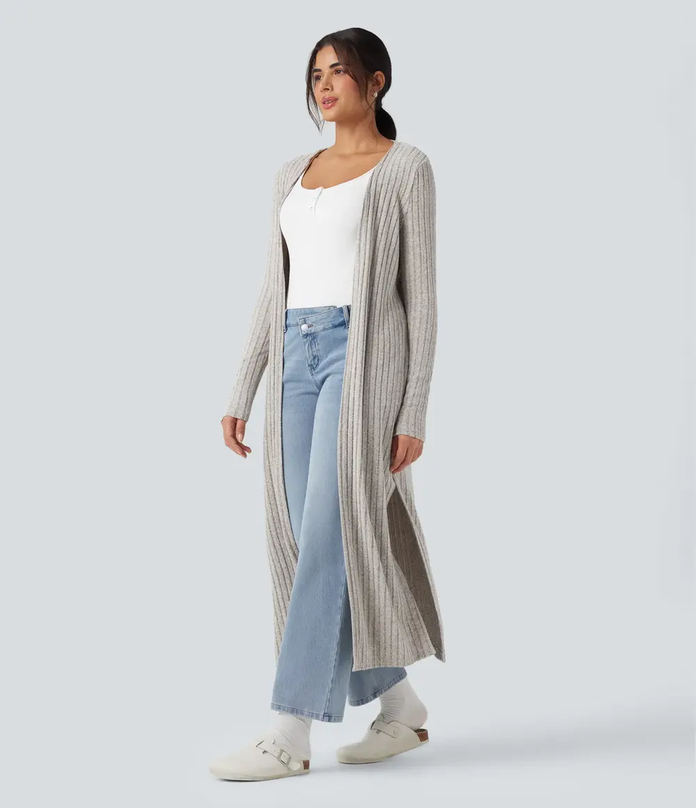 Ribbed Longline Cardigan in Warm Grey Floral Velvet