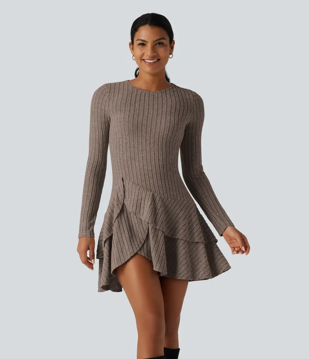 Tiered Ruffle Mini Dress in Mottled Wood Brown