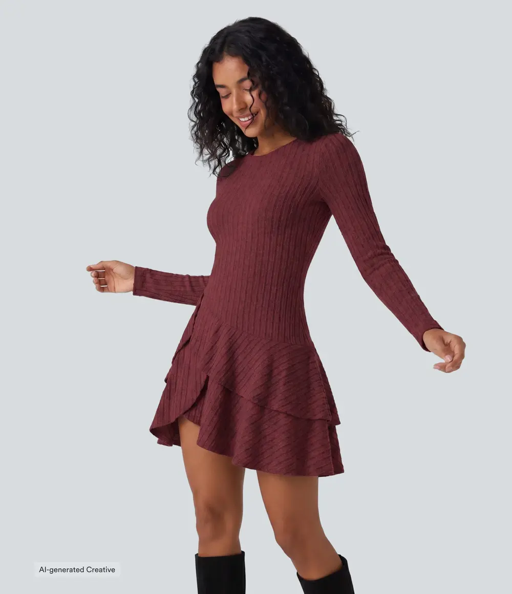 Tiered Ruffle Mini Dress in Wine Red Floral Yarn