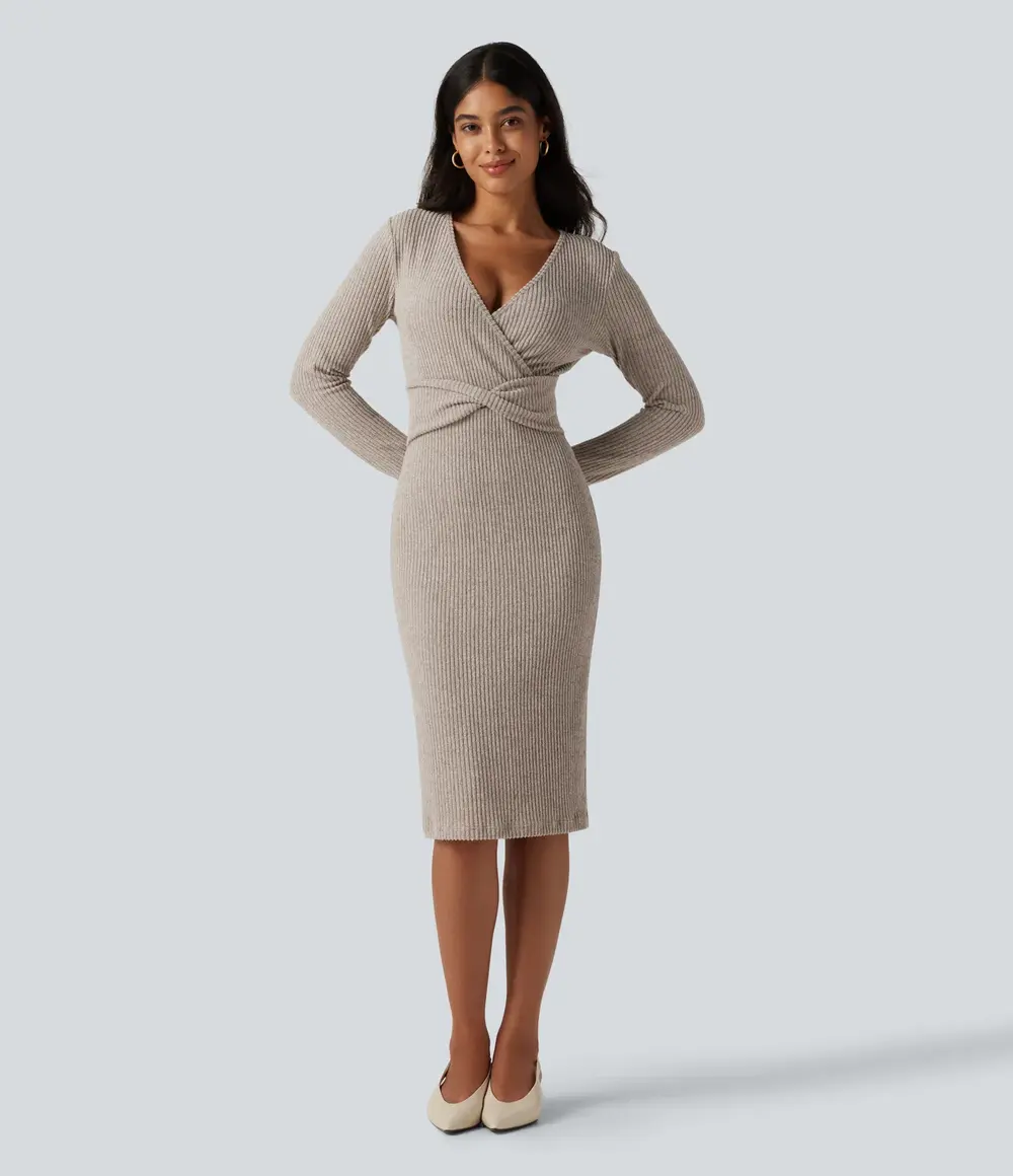 Ribbed Bodycon Midi Dress in Smoked Olive