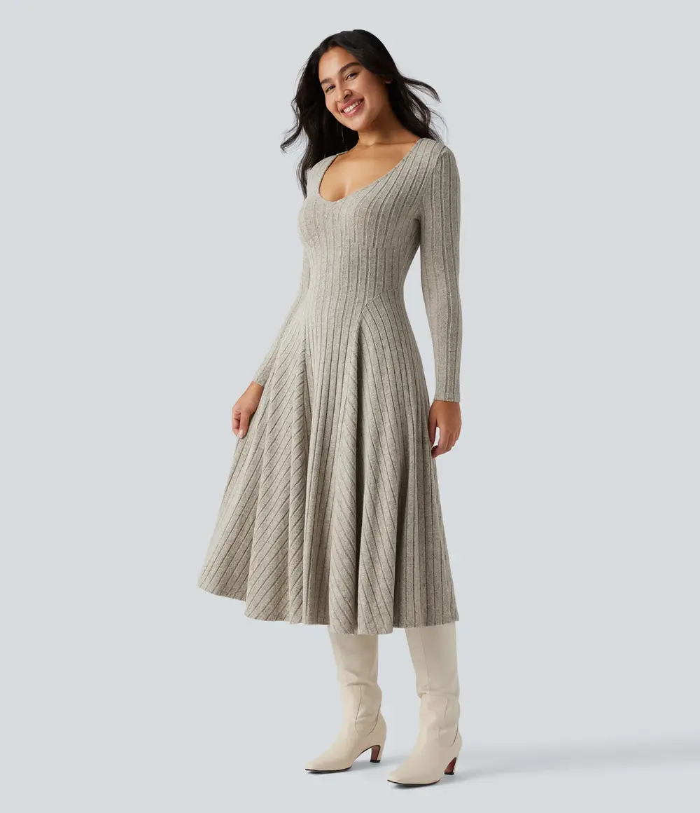 Ribbed Flared Midi Dress in Warm Grey Floral Velvet