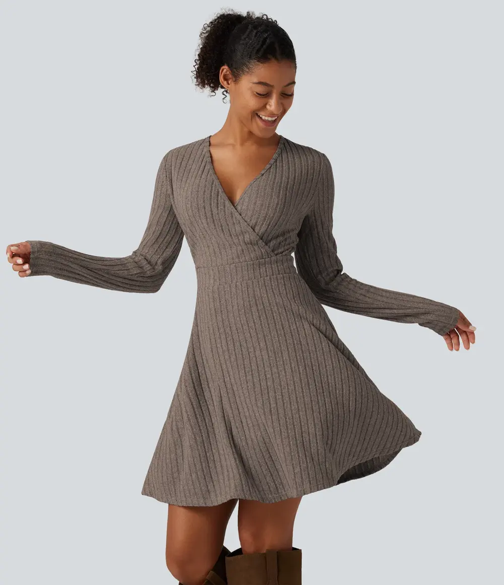 Ribbed Wrap Mini Dress in Mottled Wood Brown