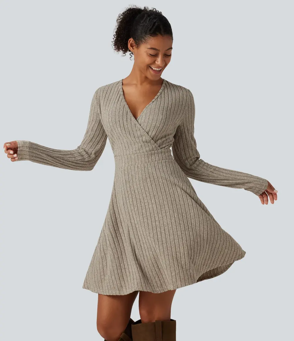 Ribbed Wrap Mini Dress in Warm Grey Floral Velvet