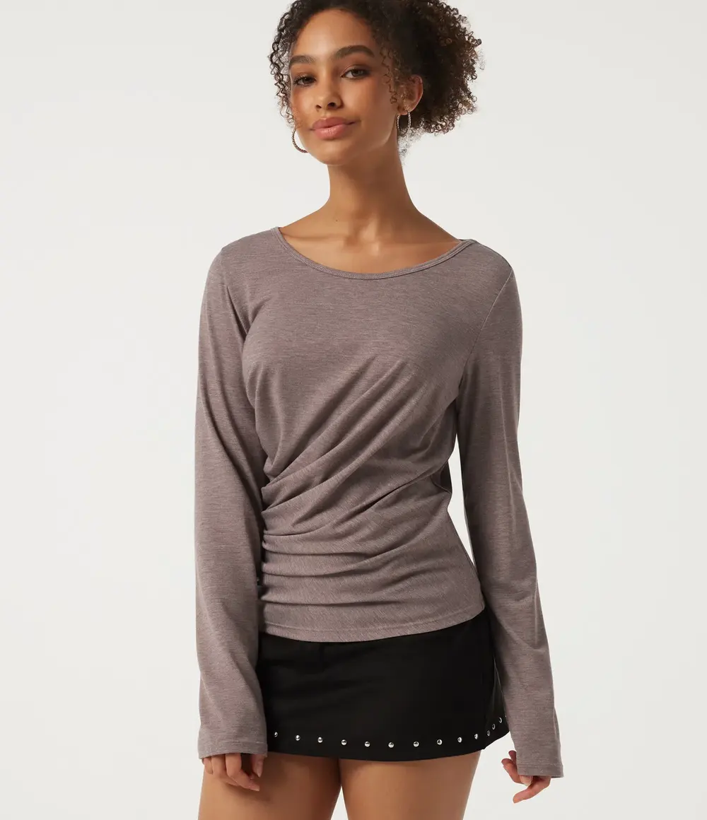 Ruched Long Sleeve Top in Deep Tea Brown Floral Yarn