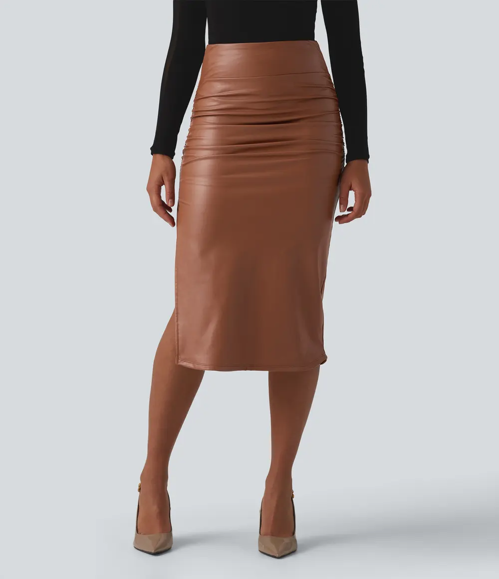 Faux Leather Midi Skirt in Rustic Brown