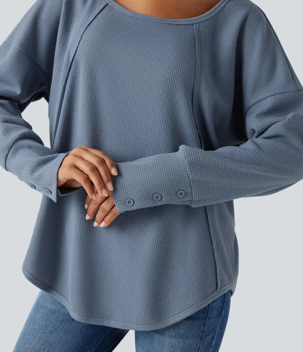Relaxed Waffle Top in Grey Blue