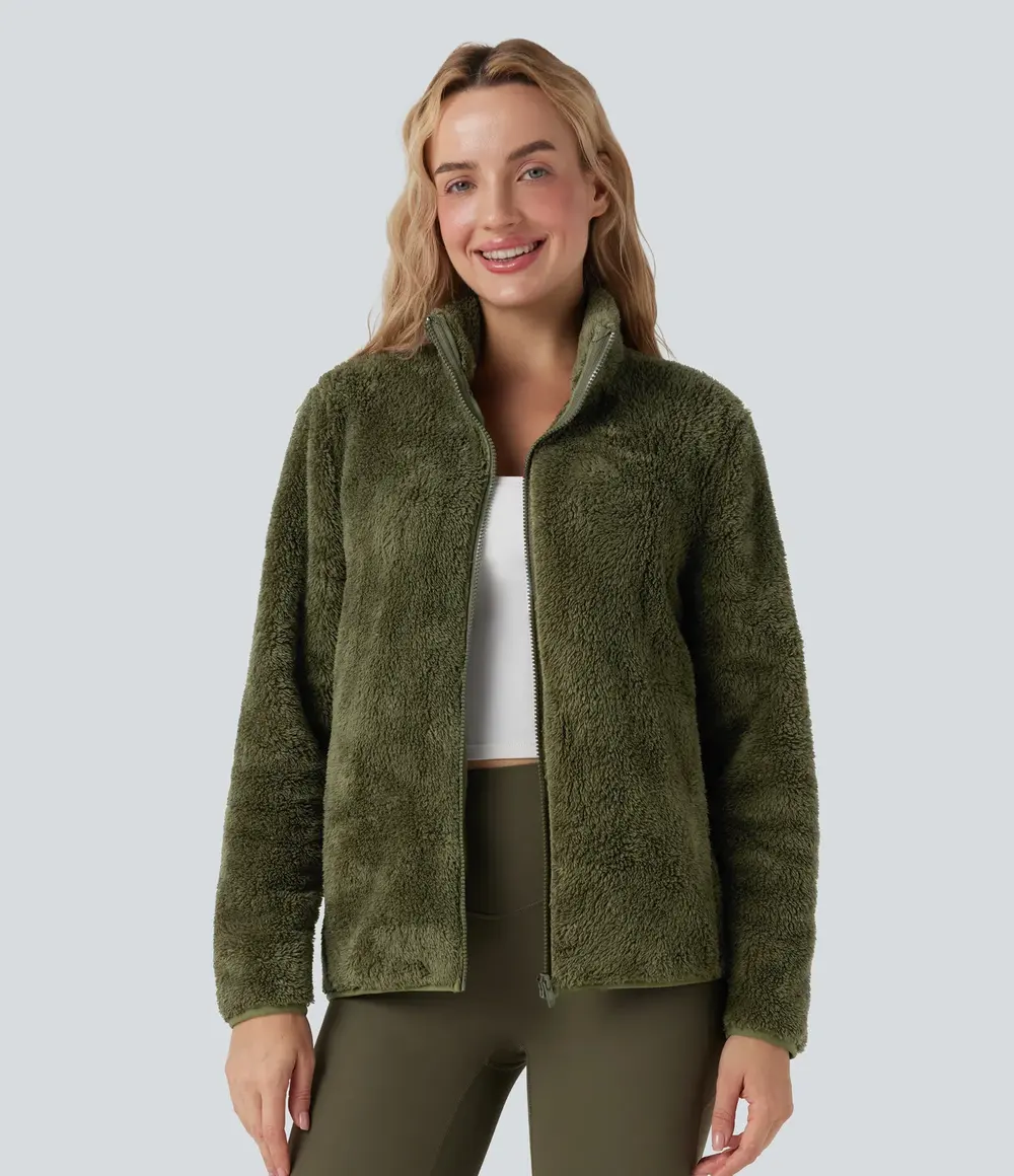 Stand Collar Sherpa Jacket in Moss Green