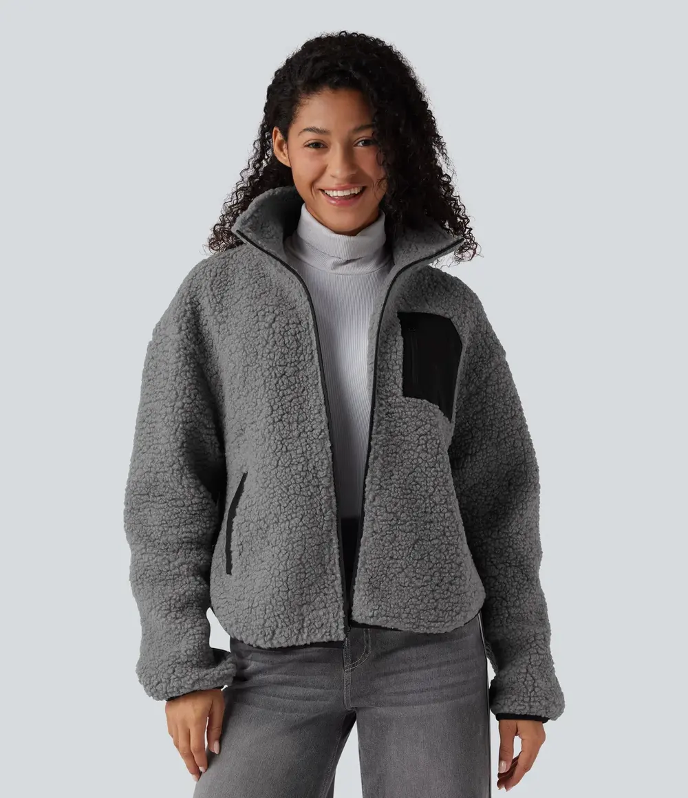 Turtleneck Sherpa Jacket in Grey Contours