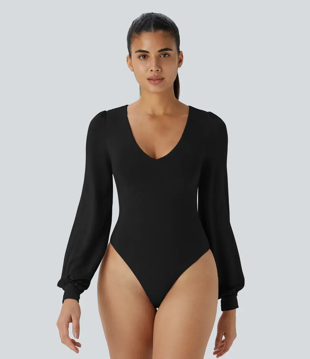V-Neck Button Bodysuit in Black