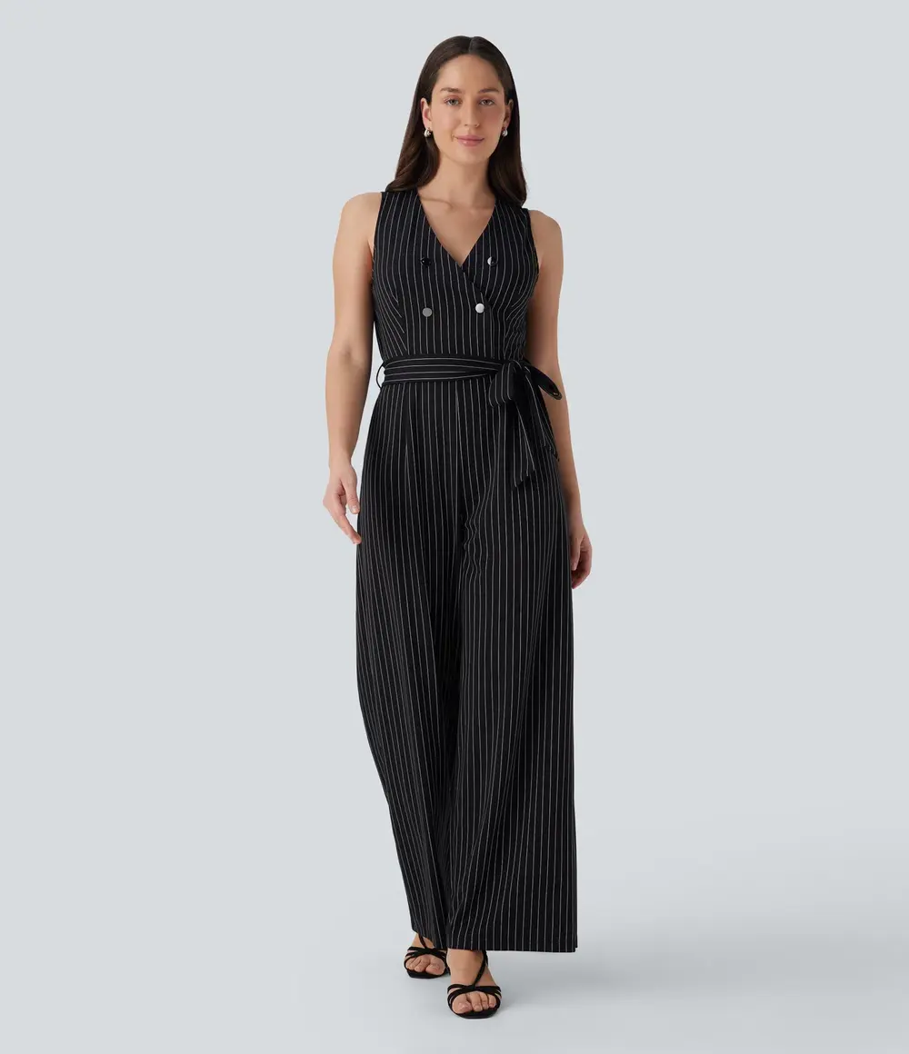 Belted Striped Jumpsuit in Black White Pinstripe