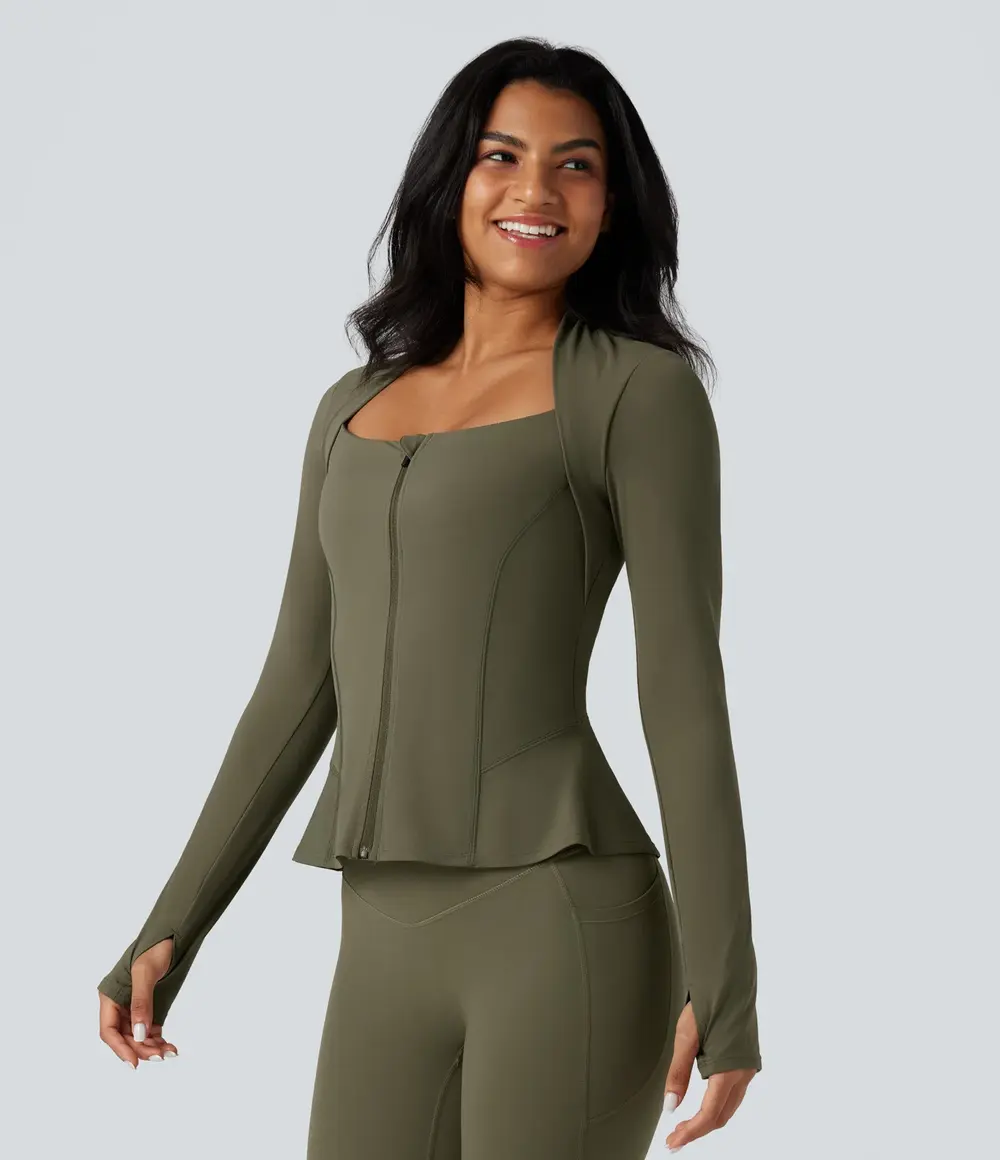 Ruffle Hem Yoga Jacket in Grass Grey Green